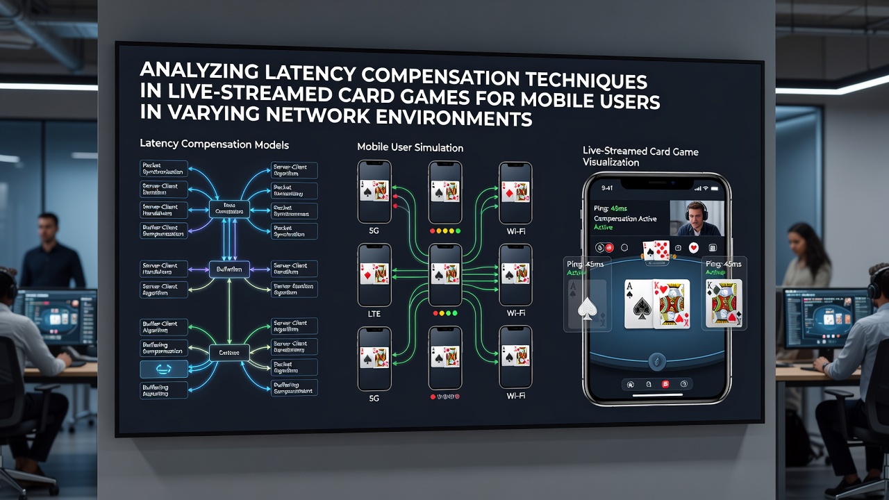 Network latency graph overlaid on a smartphone showing card game stream during simulated congestion