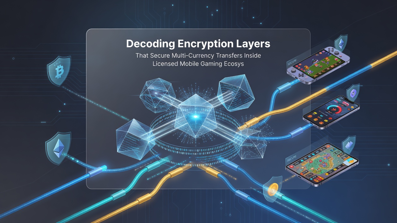 Diagram showing secure multi-currency transaction flow with encryption layers in mobile gaming apps