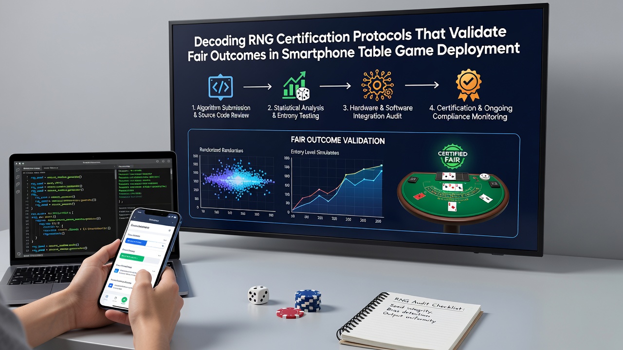 Smartphone displaying certified table game interface with regulatory compliance indicators