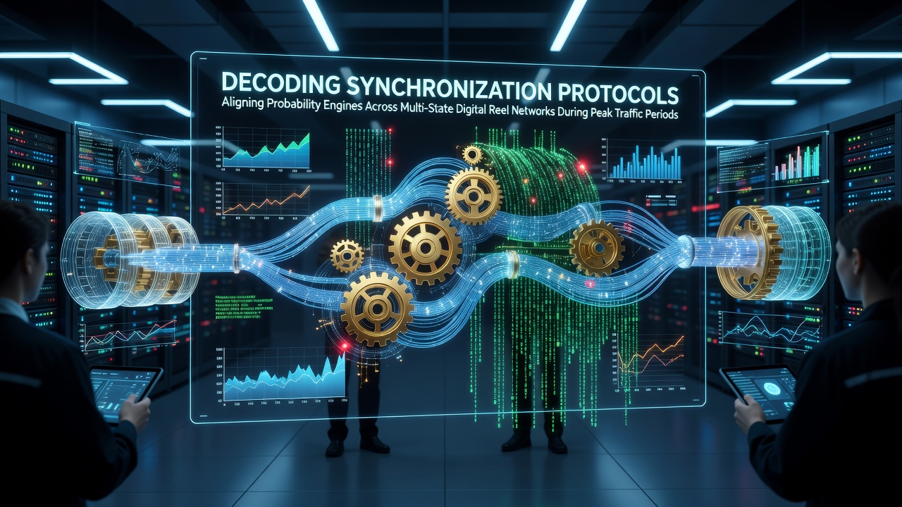 Technical diagram showing interconnected digital reel networks with synchronized probability engines across multiple state jurisdictions during high-traffic casino operations