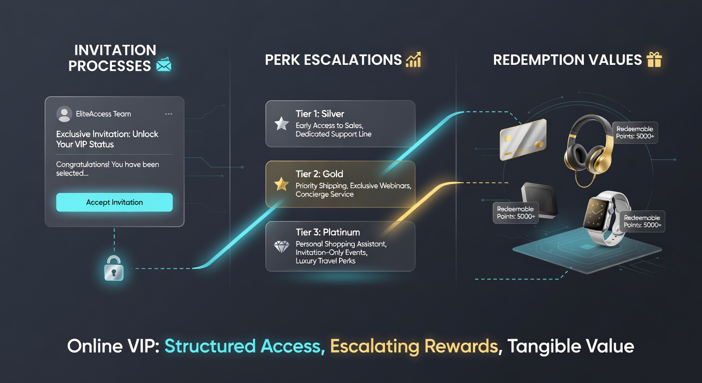 Tiered VIP lounge pyramid chart showing perk escalations from bronze cashback to diamond-level private jet invites and luxury event access