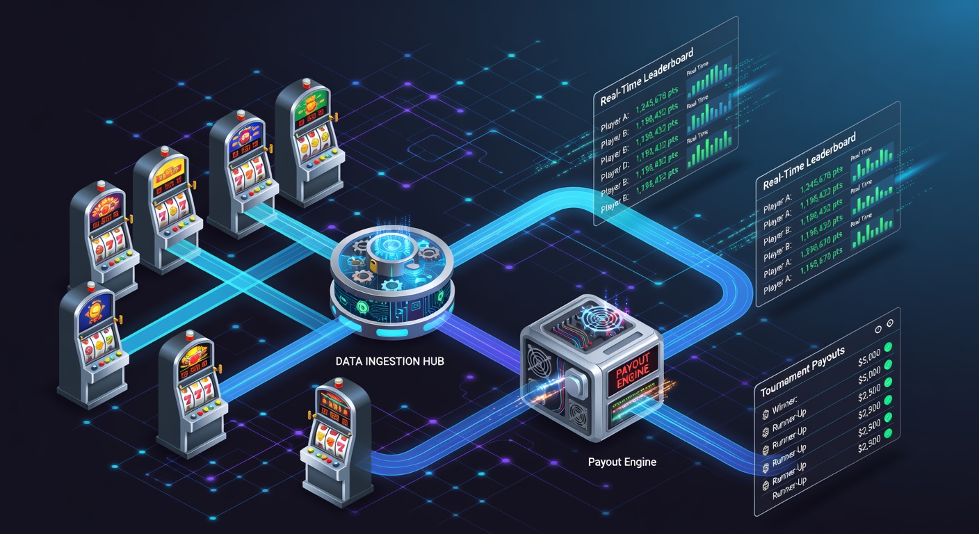 Data flow visualization showing real-time leaderboard updates and slot tournament processing pipelines