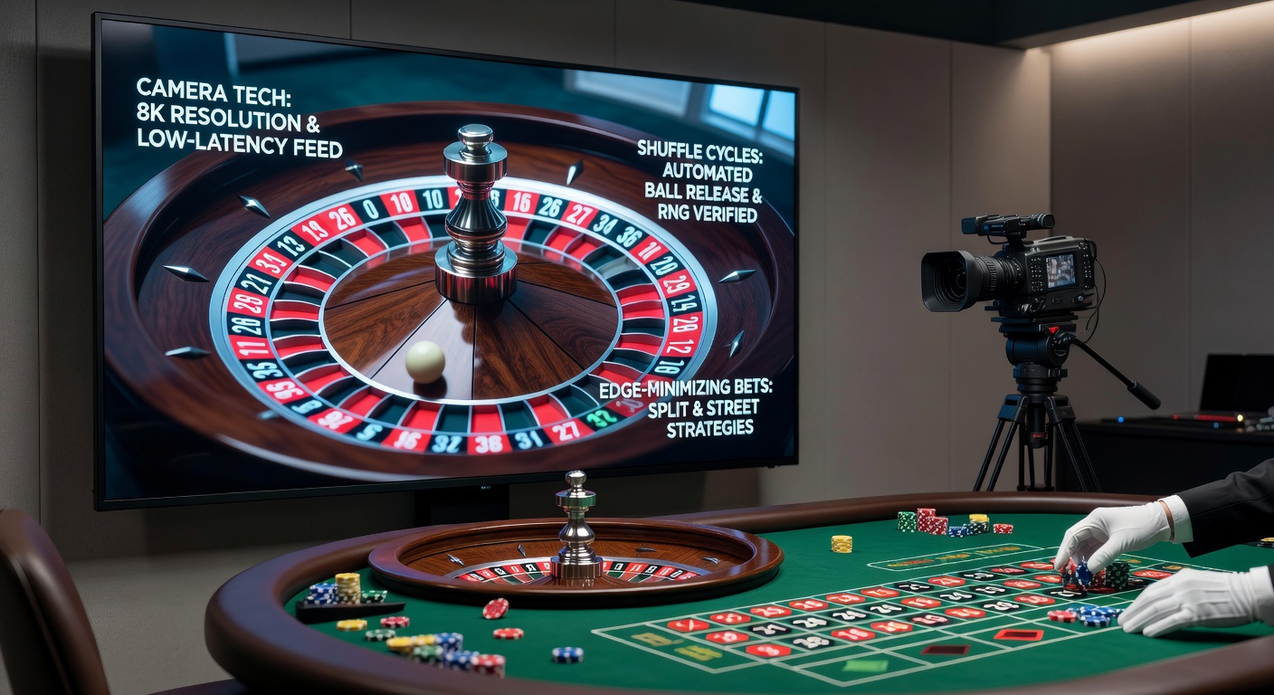 Close-up of a live dealer roulette wheel spinning under multi-angle studio cameras, capturing every bounce of the ball in high definition