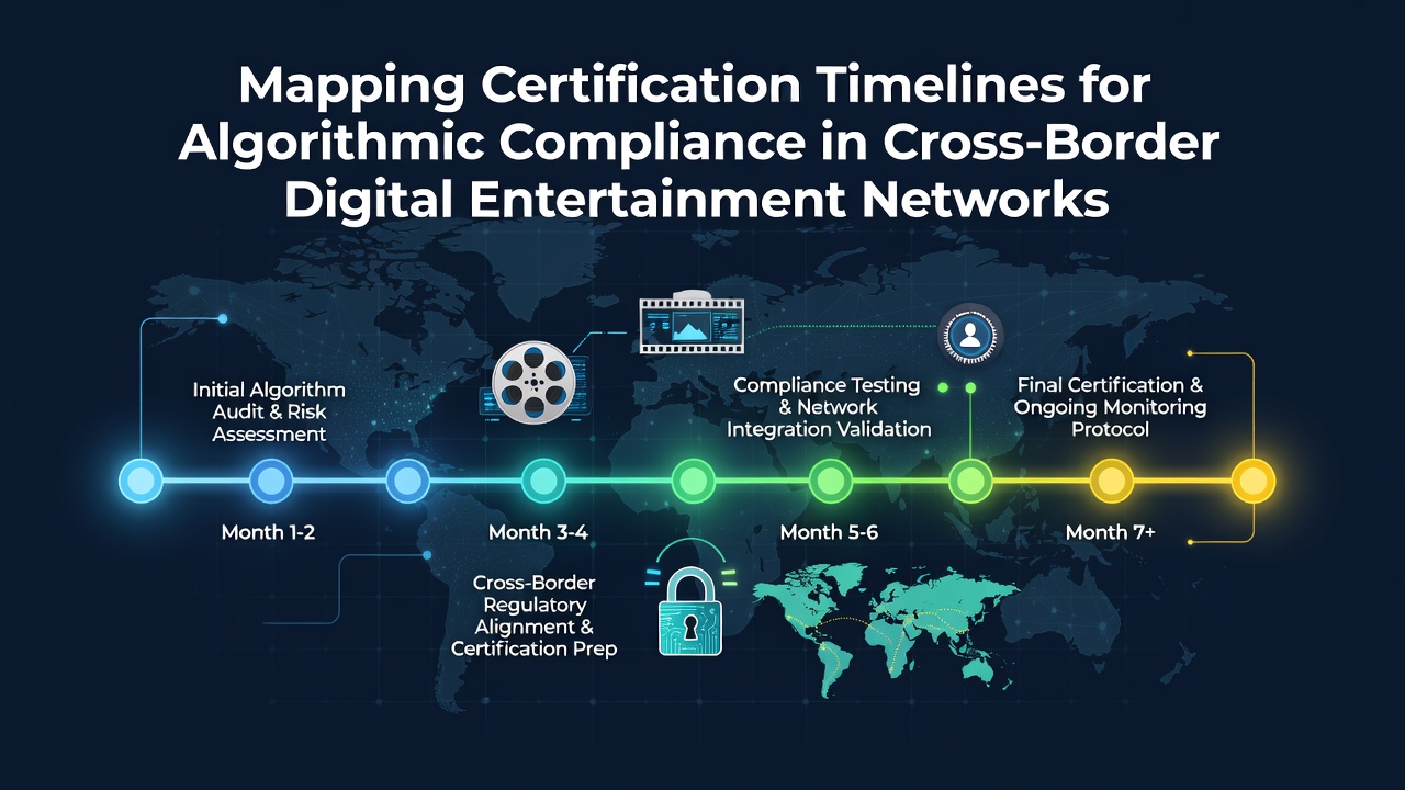 Diagram showing phased certification timelines across multiple jurisdictions for algorithmic systems in digital entertainment platforms