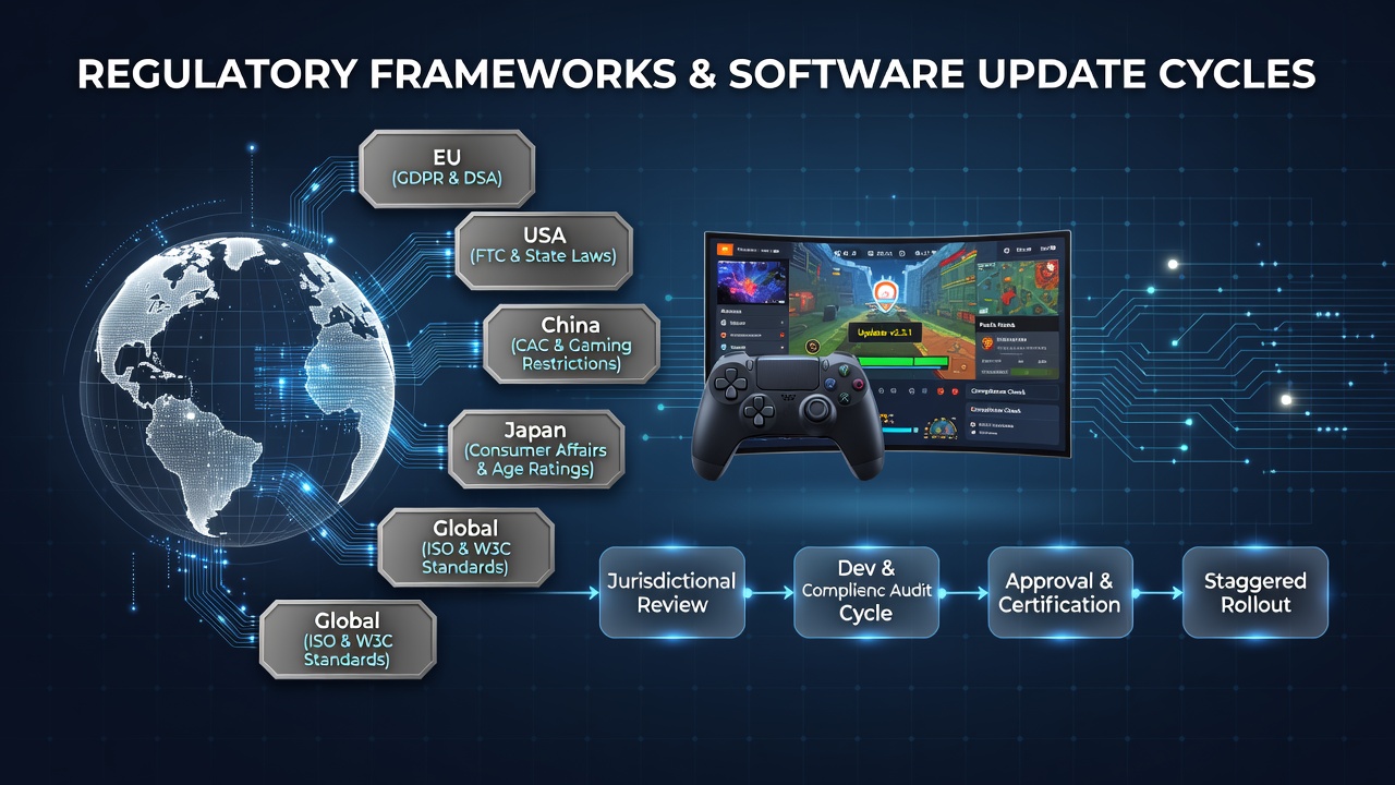 Regulatory documents and gaming interface diagrams spread across a desk in a policy review setting