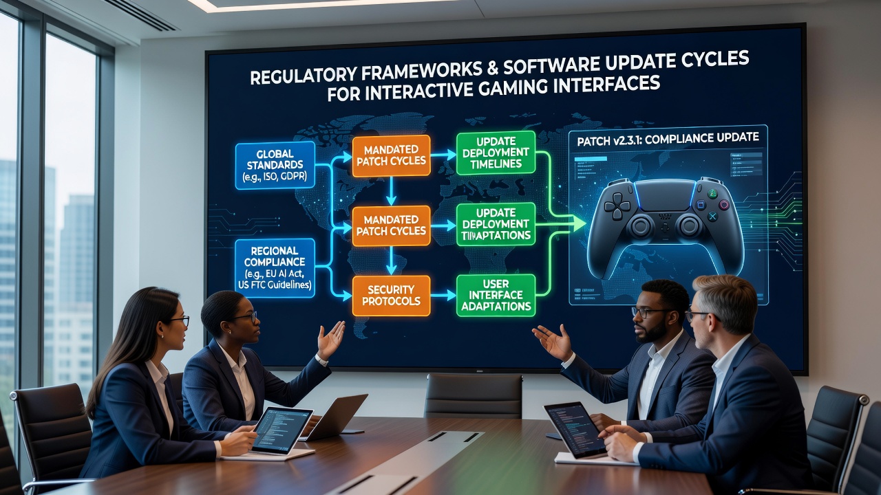 Software developers reviewing compliance checklists for gaming interface updates in a modern office environment