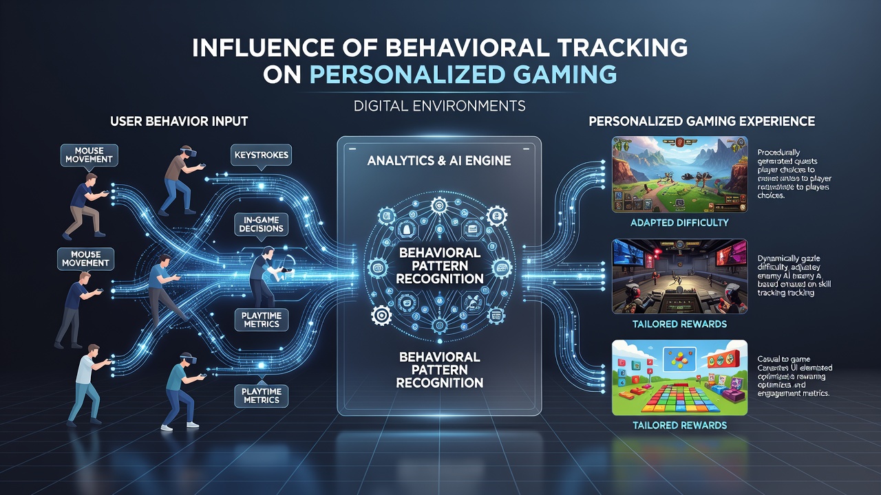 Player profile dashboard illustrating adaptive content recommendations generated from behavioral tracking in virtual environments