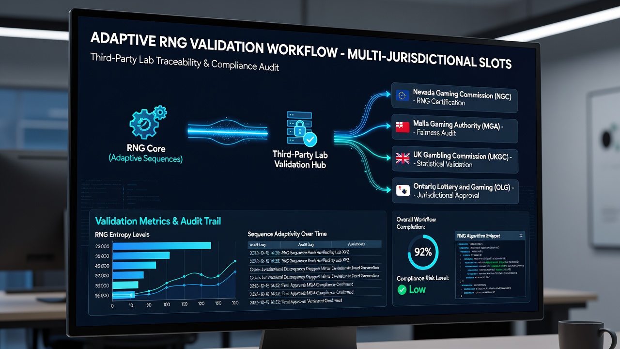 Detailed flowchart displayed on a lab whiteboard illustrating RNG validation steps from code submission through final certification across jurisdictions