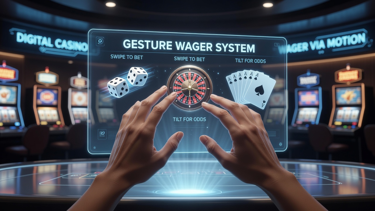 Gesture recognition technology interface showing device tilt and motion controls in a digital casino app