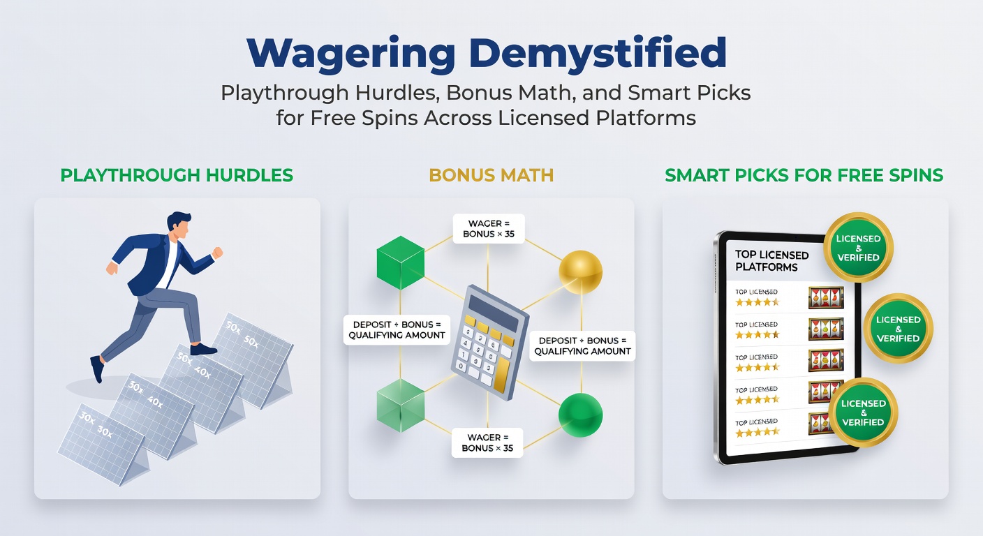 Graphic illustrating wagering requirement calculations with bonus icons, slot reels, and multiplier symbols on a casino-themed background